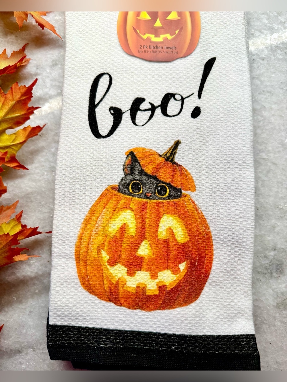 New Adorable Halloween Pumpkin & Black Cat BOO Kitchen Hand Towels Set of 2